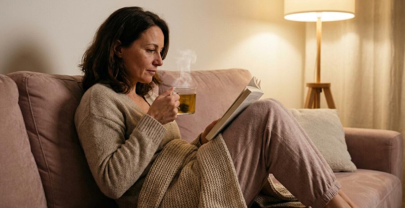 Femme se relaxant avec une tisane le soir sur son canapé, moment de détente sans tabac