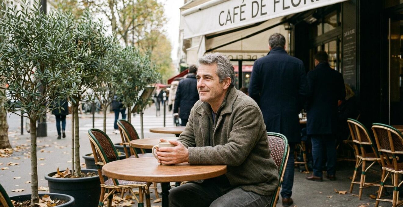 Homme d'âge mûr savourant un café en terrasse sans cigarette, moment de sérénité