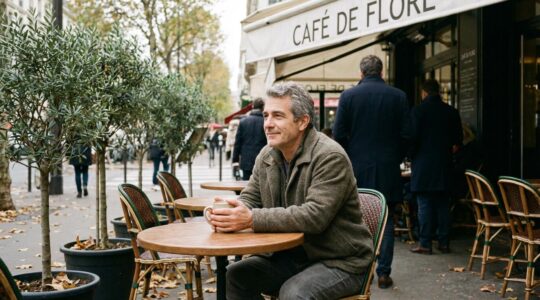 Homme d'âge mûr savourant un café en terrasse sans cigarette, moment de sérénité