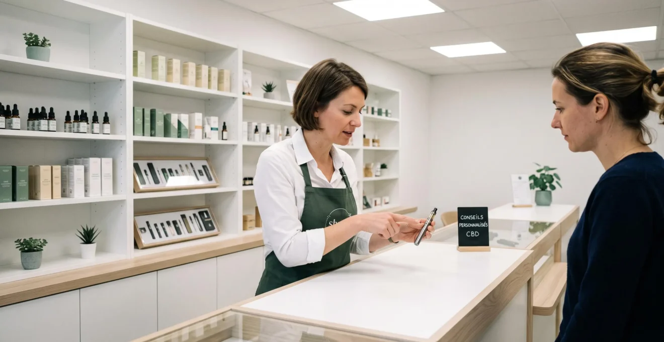 Conseiller dans une boutique CBD moderne montrant une vape pen à un client, comptoir blanc épuré, étagères avec produits CBD en arrière-plan, ambiance professionnelle lumineuse