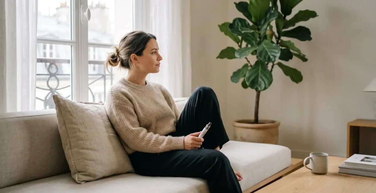 Femme détendue assise sur un canapé moderne clair, tenant une vape pen CBD argentée dans sa main, lumière naturelle douce, intérieur scandinave épuré avec plante verte en arrière-plan