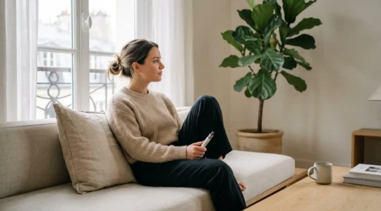 Femme détendue assise sur un canapé moderne clair, tenant une vape pen CBD argentée dans sa main, lumière naturelle douce, intérieur scandinave épuré avec plante verte en arrière-plan